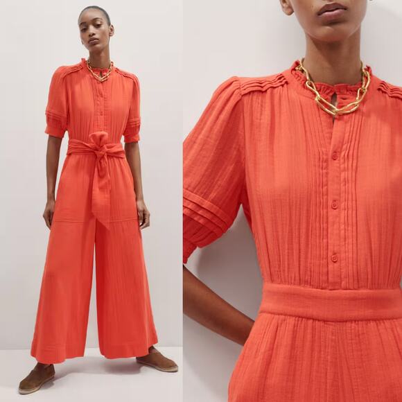 ME+EM Pants - Me + Em Cheesecloth Frill Wide Leg Crop Belted Papaya Orange Jumpsuit Size 2